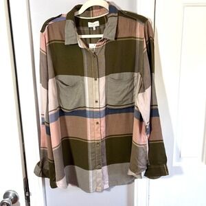 NEW Lucky Brand Women's 2X Olive Pink Blue Plaid Button Shirt Top Blouse